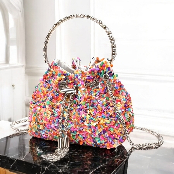🆕️Sparkling Multicolor Stone & Rhinestone Evening Clutch Colorful Bucket Bag ✨ - Picture 12 of 13
